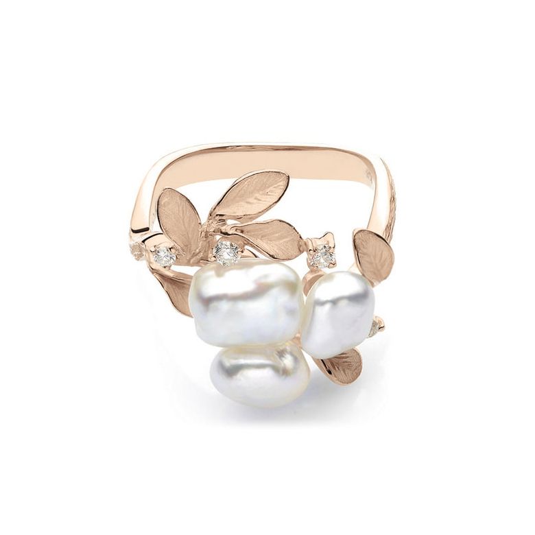 Bague Secret Flower 2nd en perles d'Australie baroques or rose - 1