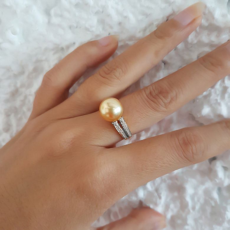 Bague des Australes - Perle d'Australie dorée - Or blanc, diamants - 2