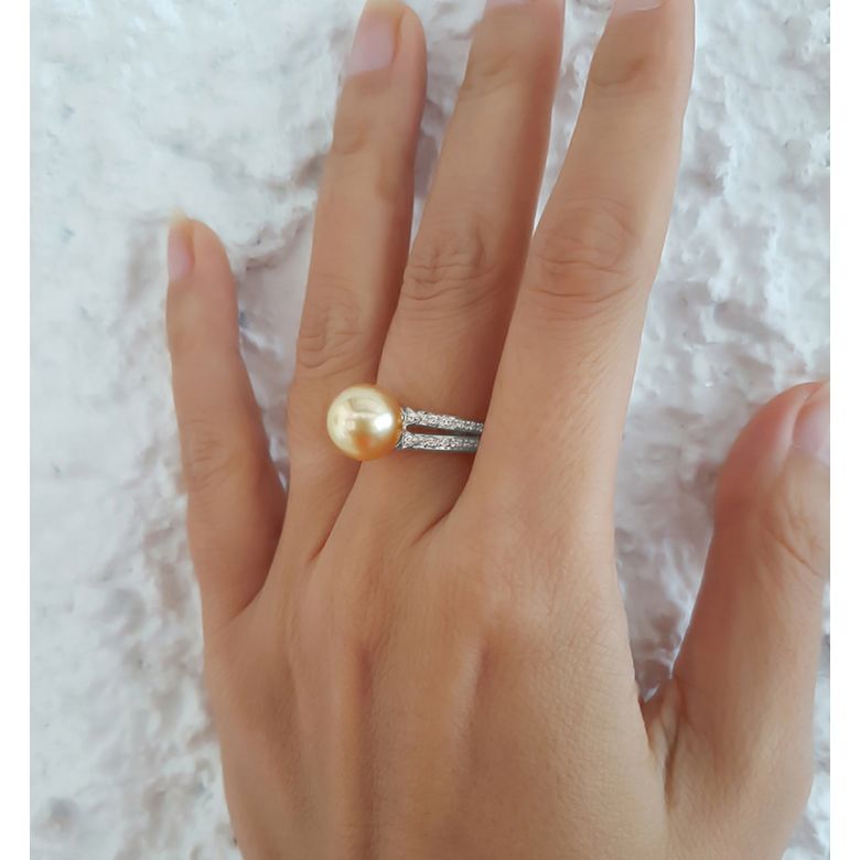 Bague des Australes - Perle d'Australie dorée - Or blanc, diamants - 8