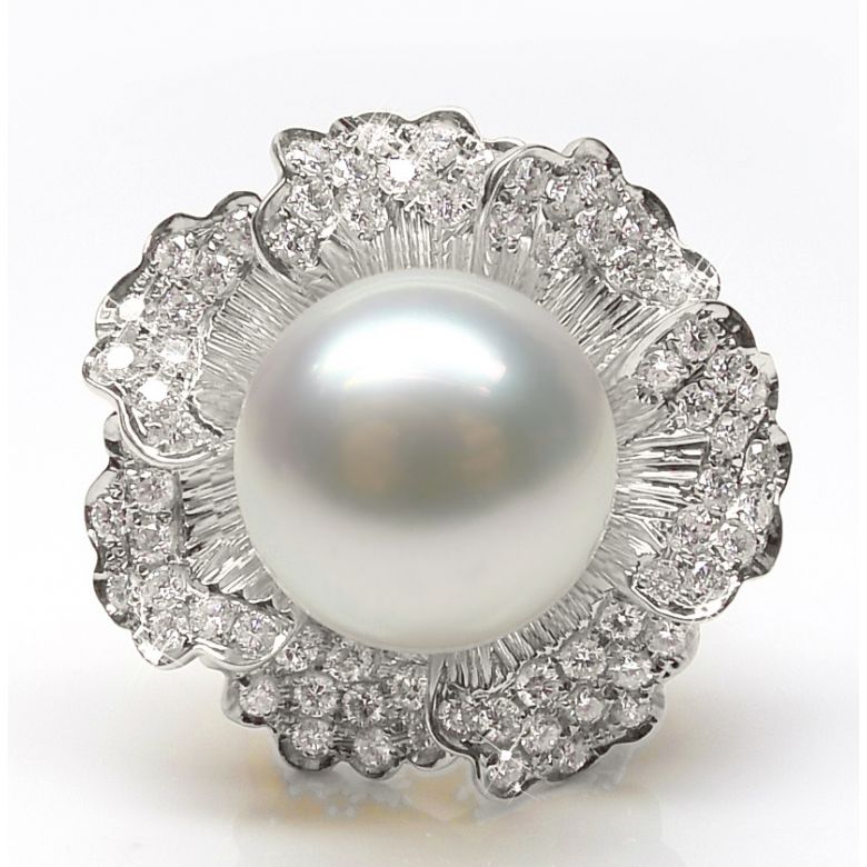 Bague perle d'Australie - Fleur or blanc pétales ajourées - Diamants - 3