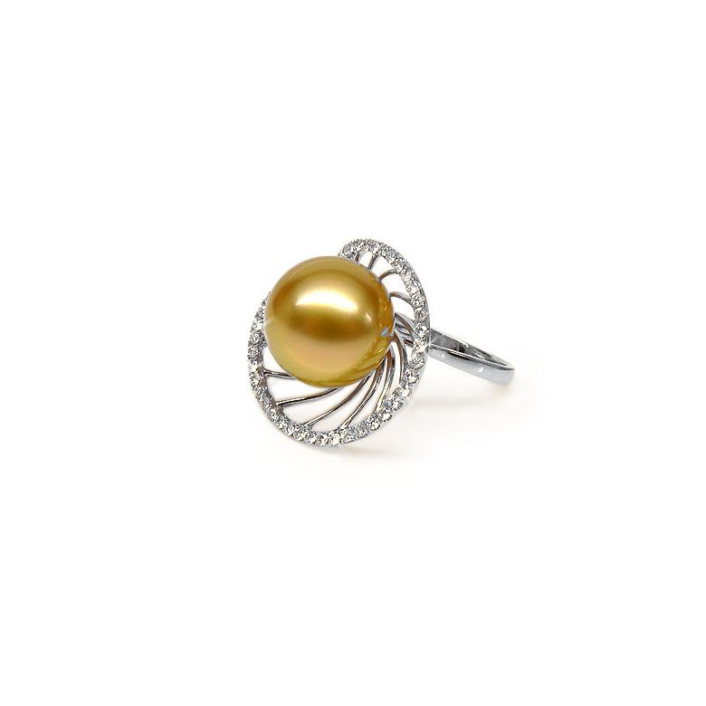 Bague forme elliptique - Perle d'Australie dorée - Or blanc, diamants - 1