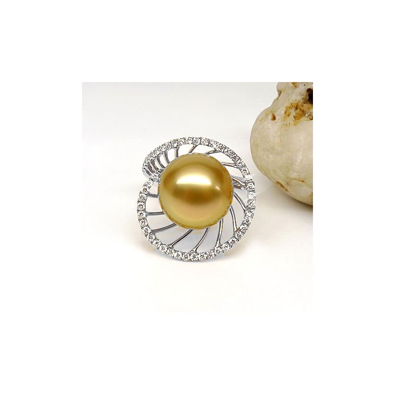 Bague forme elliptique - Perle d'Australie dorée - Or blanc, diamants - 2