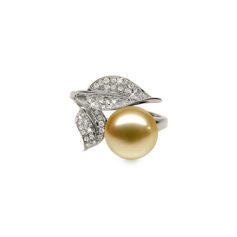 Bague feuilles de jasmin - Perle d'Australie dorée - Or blanc, diamants - 1