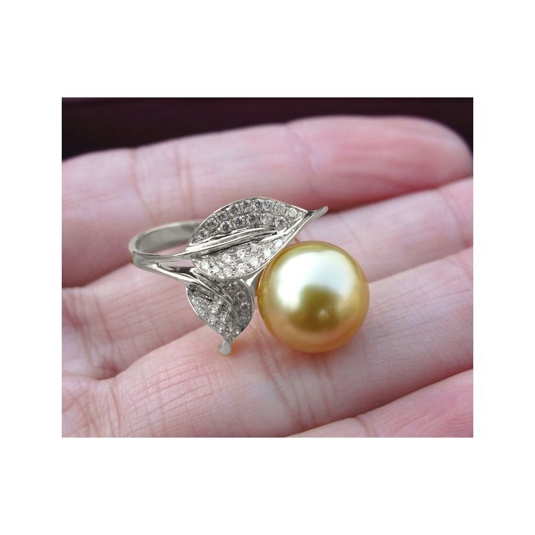 Bague feuilles de jasmin - Perle d'Australie dorée - Or blanc, diamants - 2