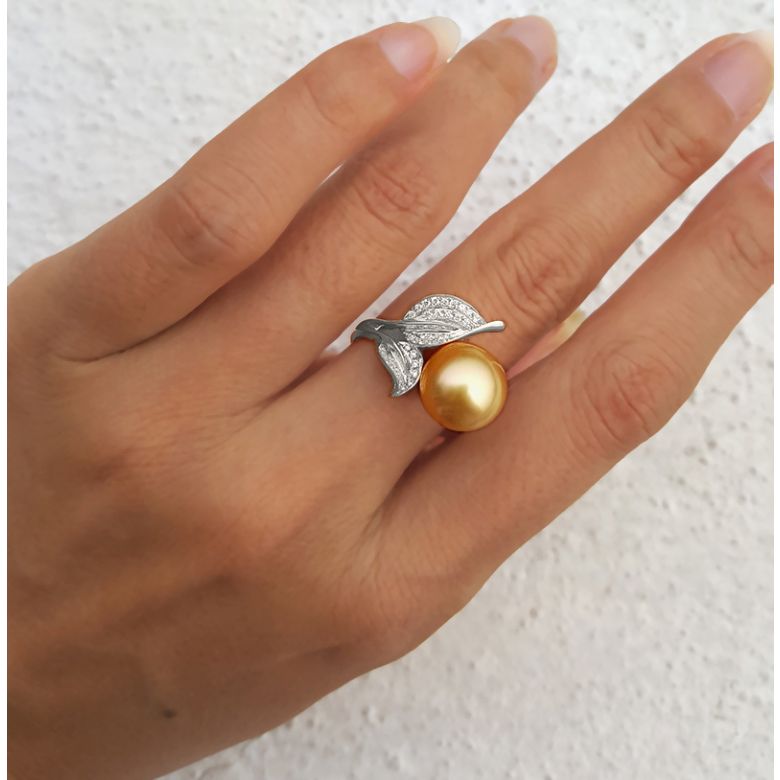 Bague feuilles de jasmin - Perle d'Australie dorée - Or blanc, diamants - 3