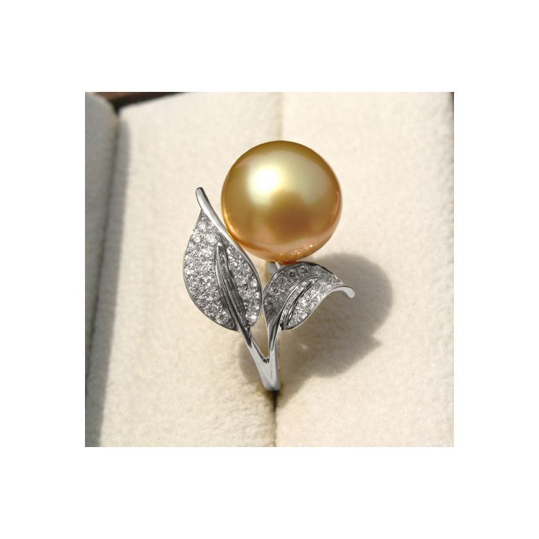 Bague feuilles de jasmin - Perle d'Australie dorée - Or blanc, diamants - 6