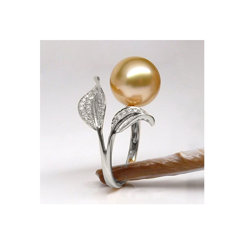 Bague feuilles de jasmin - Perle d'Australie dorée - Or blanc, diamants - 5