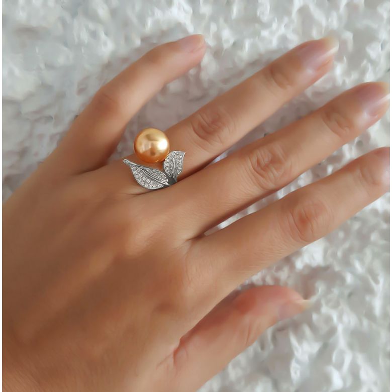 Bague feuilles de jasmin - Perle d'Australie dorée - Or blanc, diamants - 7