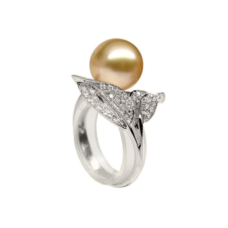Bague feuilles de jasmin - Perle d'Australie dorée - Or blanc, diamants - 4