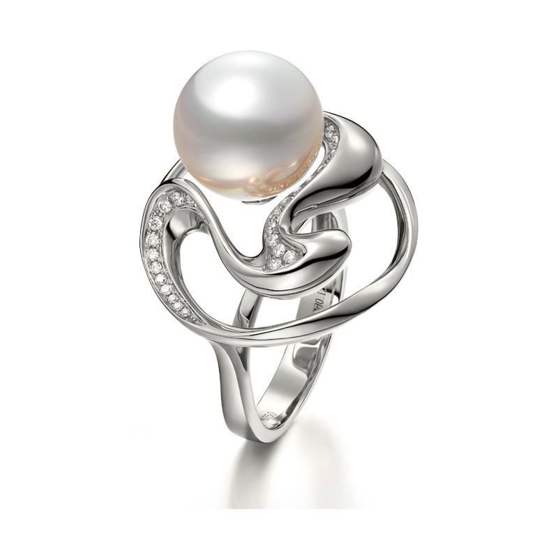 Bague fleur de pêcher - Or blanc et perle blanche des mers du sud - 1