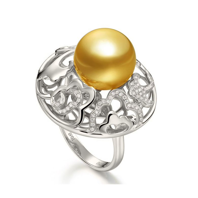 Bague fleur de pivoine - Perle dorée des mers du sud or blanc - 1