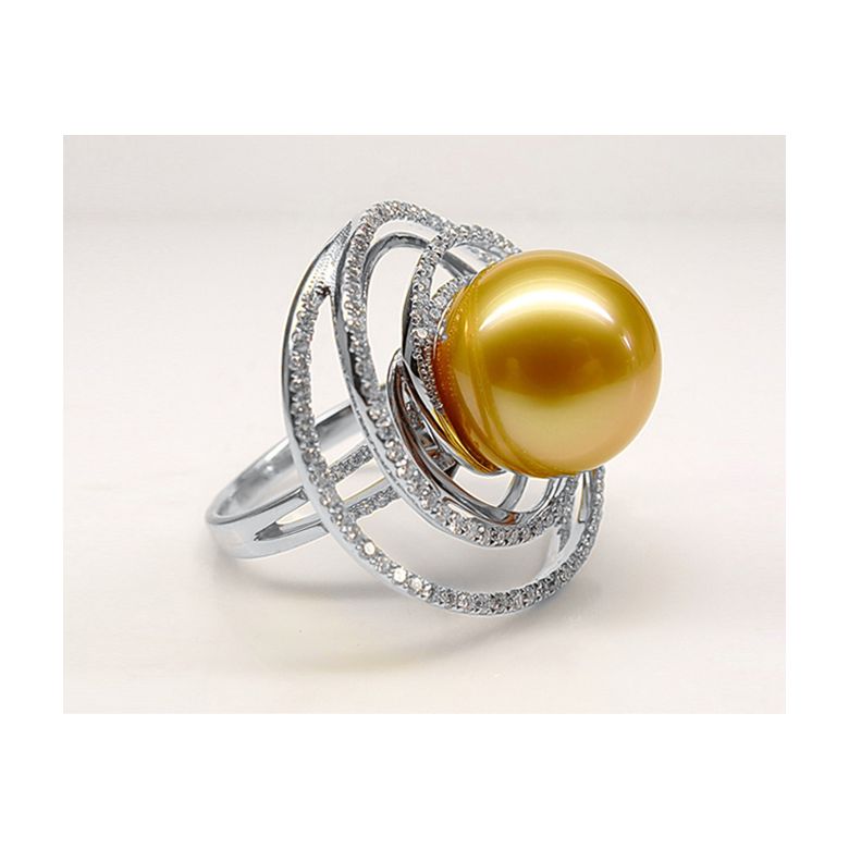 Bague pendentif Or blanc, diamants, perle d'Australie dorée - 2