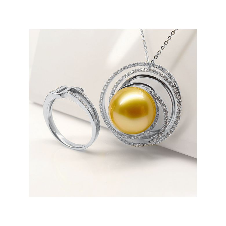 Bague pendentif Or blanc, diamants, perle d'Australie dorée - 3