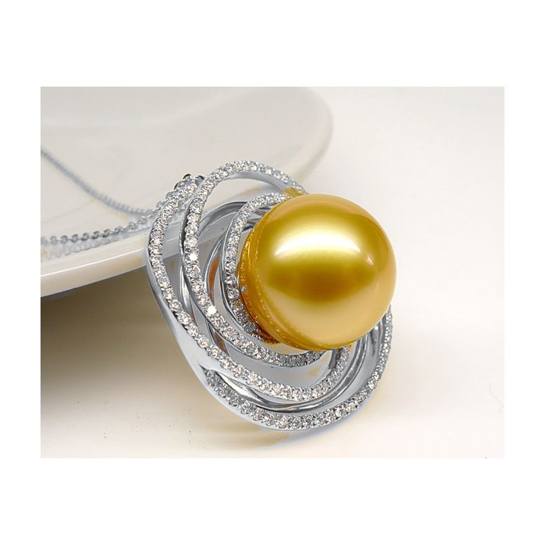 Bague pendentif Or blanc, diamants, perle d'Australie dorée - 6