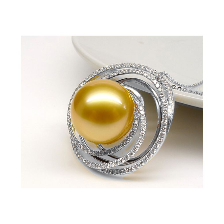 Bague pendentif Or blanc, diamants, perle d'Australie dorée - 7