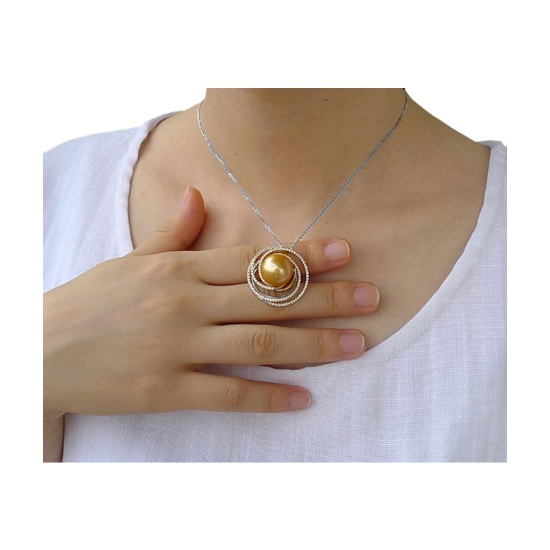Bague pendentif Or blanc, diamants, perle d'Australie dorée - 8