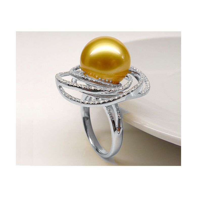 Bague pendentif Or blanc, diamants, perle d'Australie dorée - 9