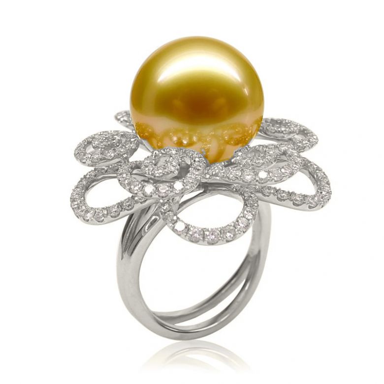 Bague Fleur arabesque perle dorée. Or blanc et diamants - 1