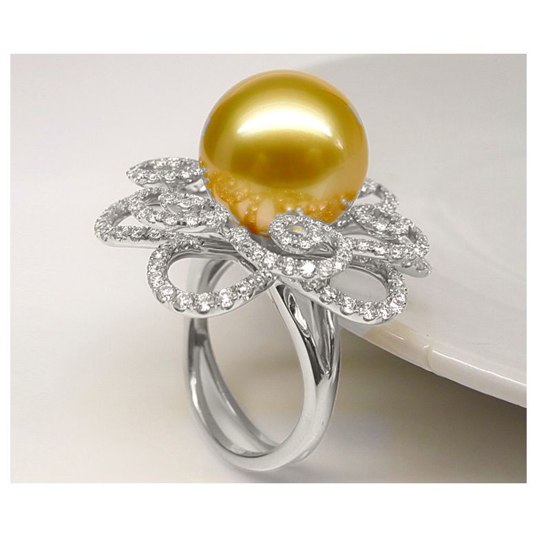 Bague Fleur arabesque perle dorée. Or blanc et diamants - 4