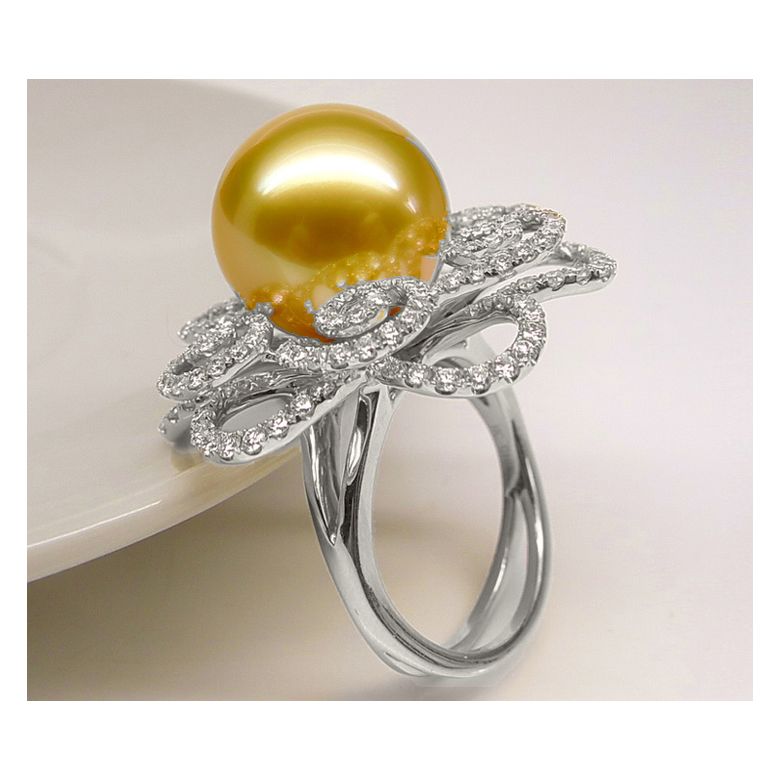 Bague Fleur arabesque perle dorée. Or blanc et diamants - 5