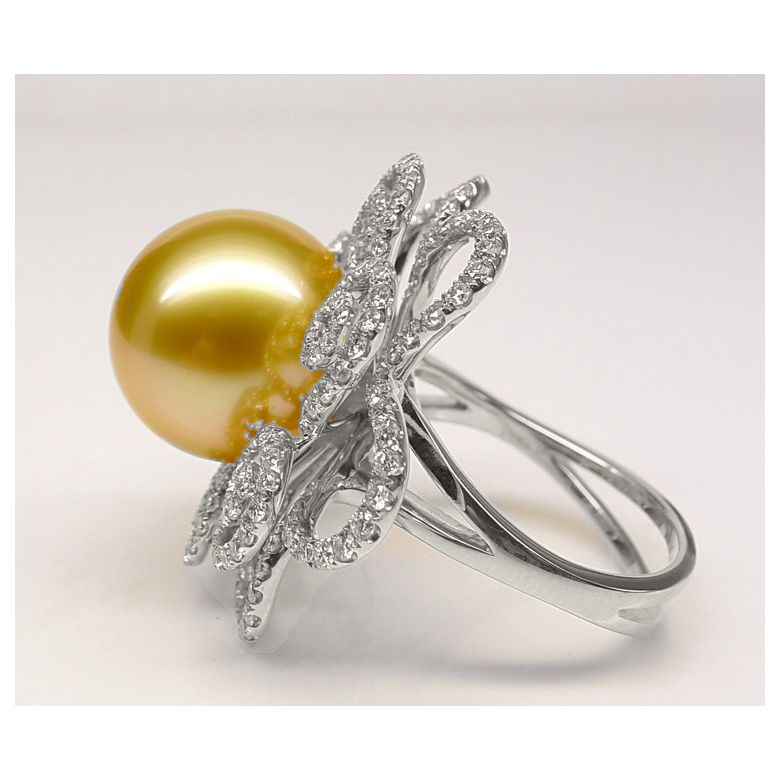 Bague Fleur arabesque perle dorée. Or blanc et diamants - 6