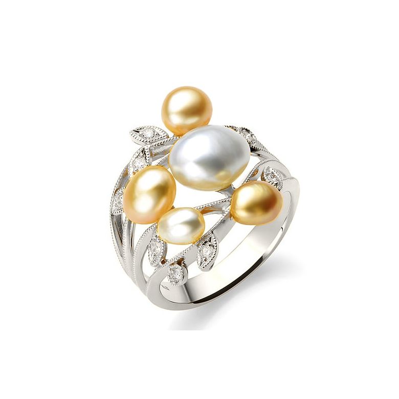 Bague secret flower first en perles d'Australie blanches et dorées - Or blanc - 1