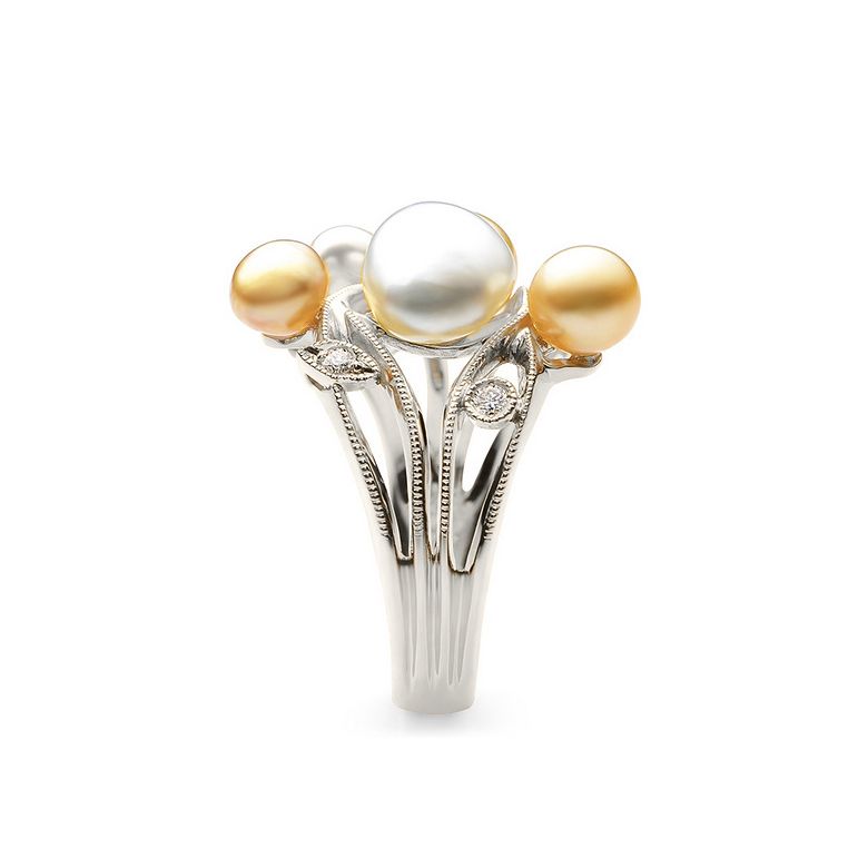 Bague secret flower first en perles d'Australie blanches et dorées - Or blanc - 2