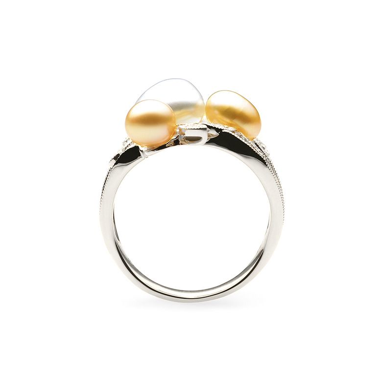 Bague secret flower first en perles d'Australie blanches et dorées - Or blanc - 3