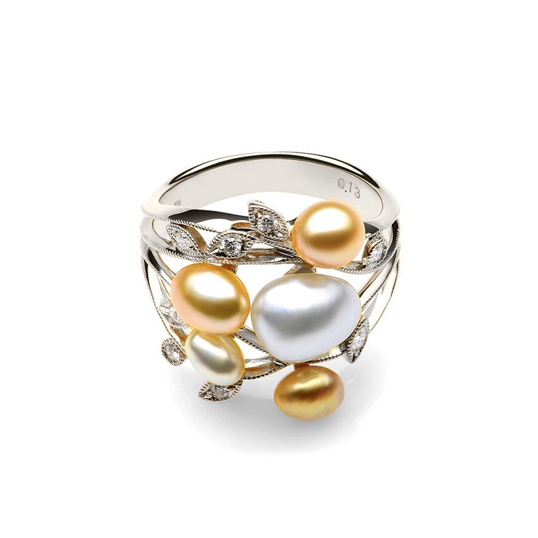 Bague secret flower first en perles d'Australie blanches et dorées - Or blanc - 4