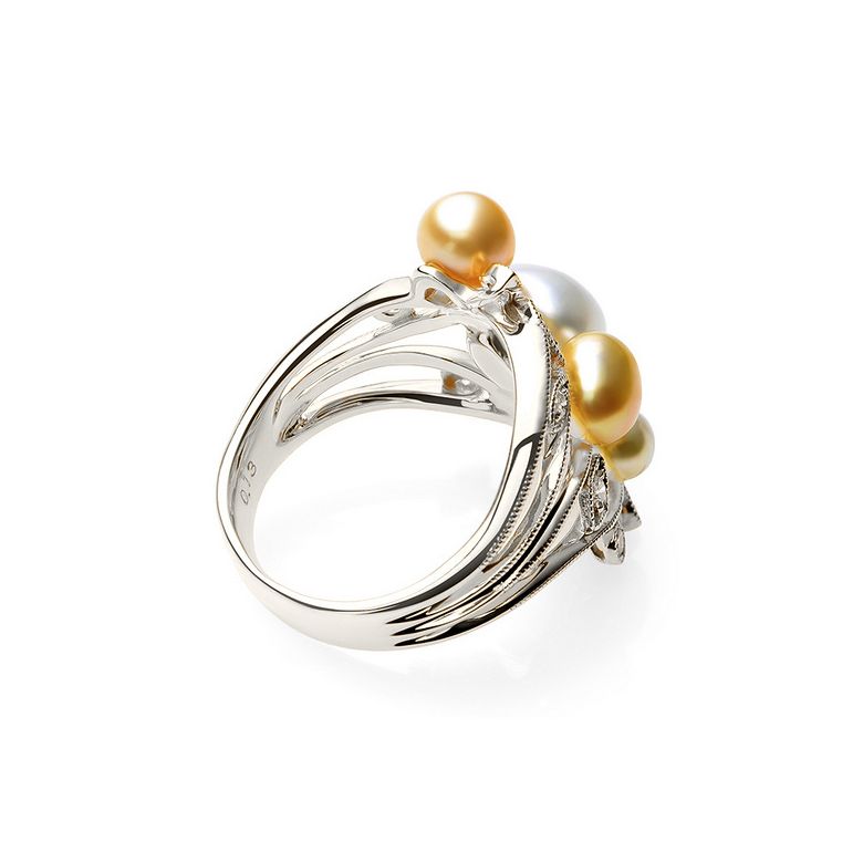 Bague secret flower first en perles d'Australie blanches et dorées - Or blanc - 5