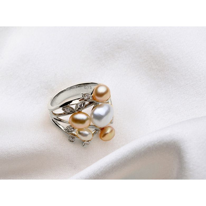 Bague secret flower first en perles d'Australie blanches et dorées - Or blanc - 8