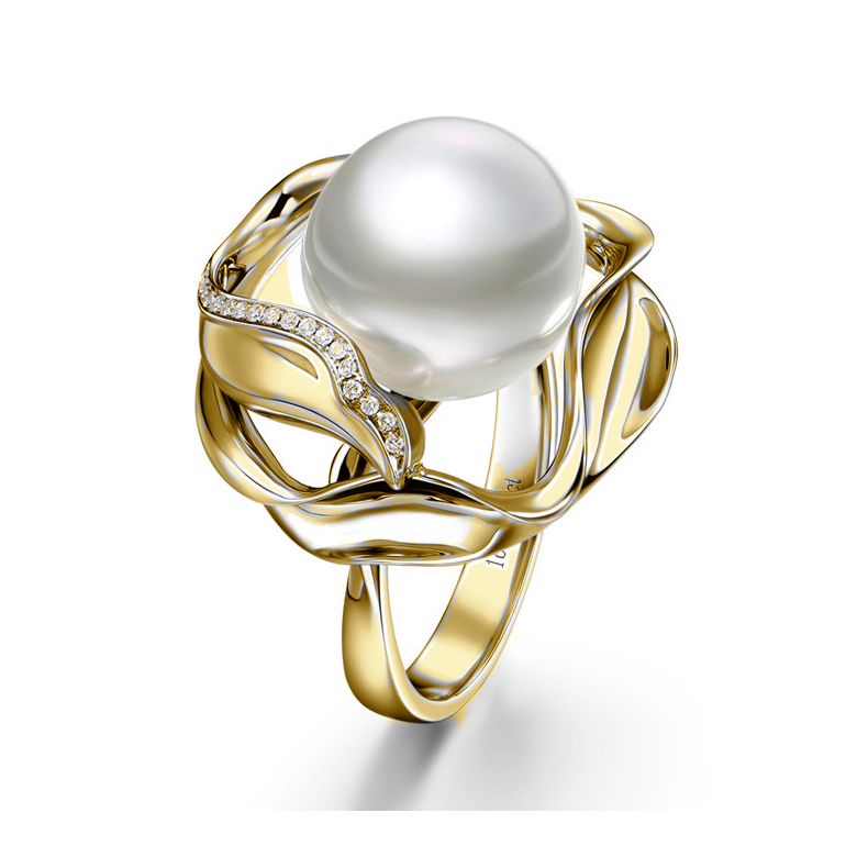 Bague fleur de lotus - Perle d'Australie blanche - Or jaune, diamants - 1