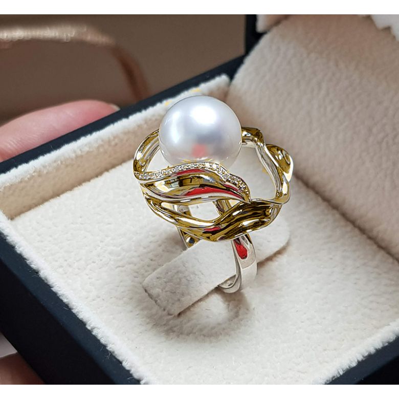 Bague fleur de lotus - Perle d'Australie blanche - Or jaune, diamants - 2