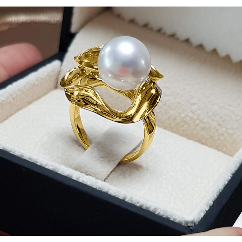 Bague fleur de lotus - Perle d'Australie blanche - Or jaune, diamants - 3