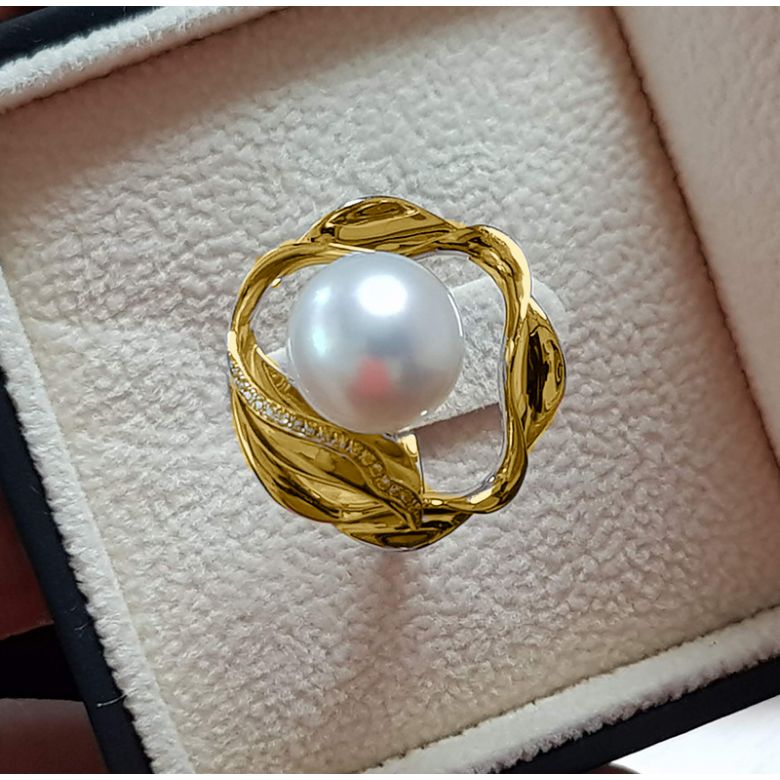 Bague fleur de lotus - Perle d'Australie blanche - Or jaune, diamants - 4