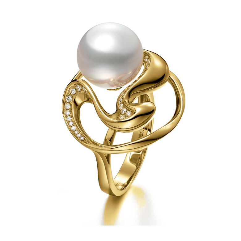 Bague fleur de pêcher - Or jaune et perle blanche des mers du sud - 1