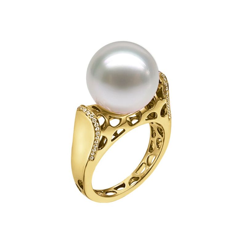 Bague signature perle des mers du sud - Corail starlette diamanté or jaune - 1