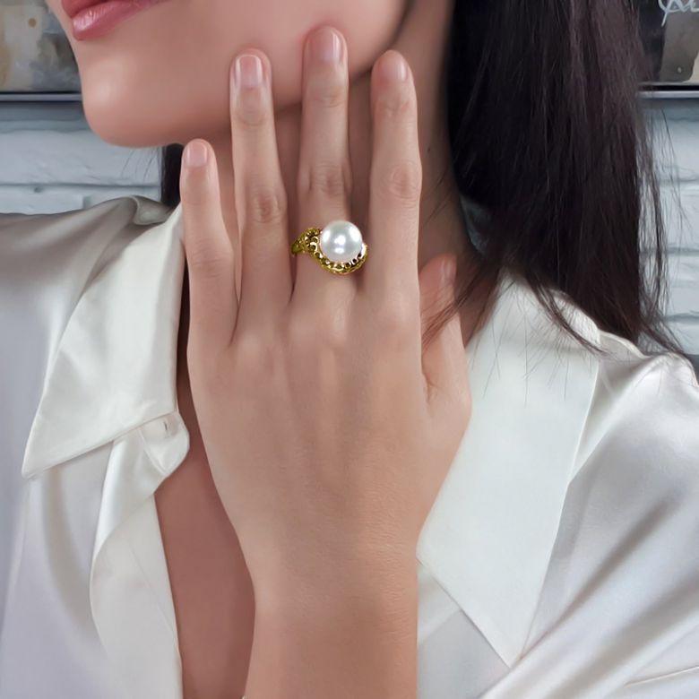 Bague chaloupée corail starlette - Perle des mers du sud or jaune - 4