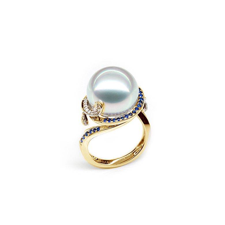 Bague de l'Île Bruny - Perle Australie blanche - Diamants, saphirs or jaune - 1