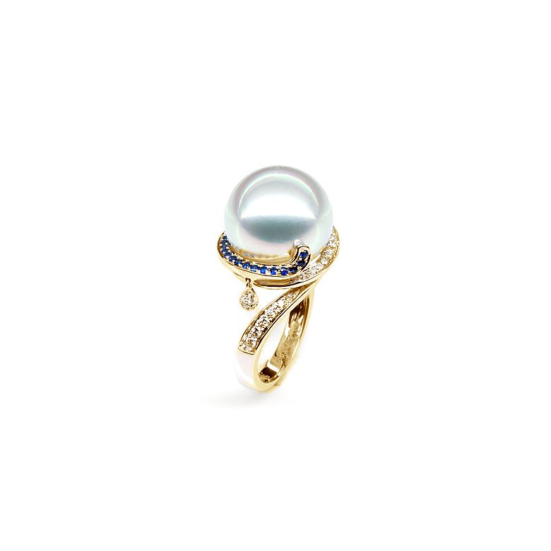 Bague de l'Île Bruny - Perle Australie blanche - Diamants, saphirs or jaune - 2