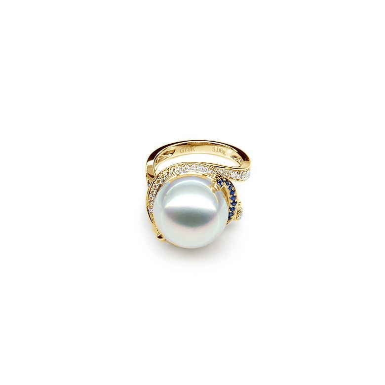 Bague de l'Île Bruny - Perle Australie blanche - Diamants, saphirs or jaune - 3