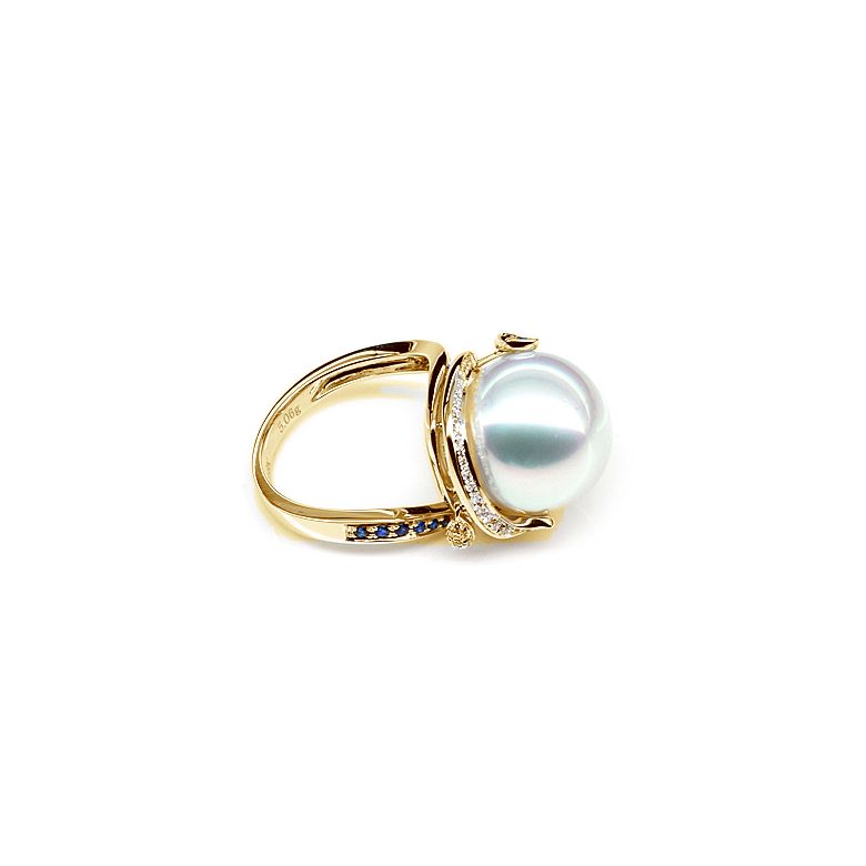 Bague de l'Île Bruny - Perle Australie blanche - Diamants, saphirs or jaune - 4