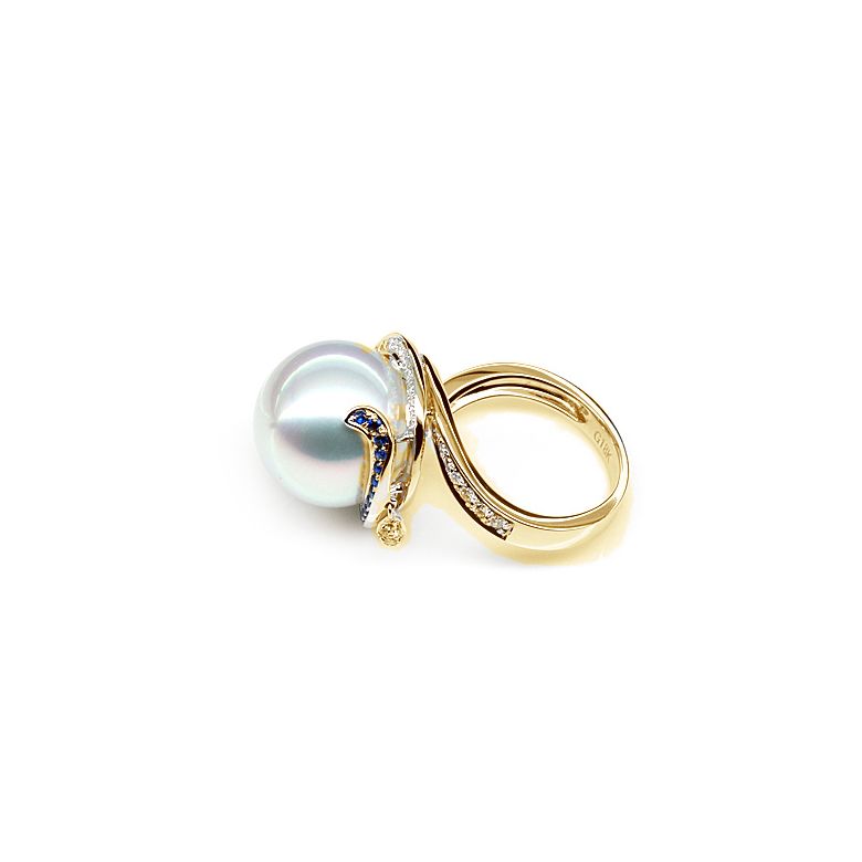 Bague de l'Île Bruny - Perle Australie blanche - Diamants, saphirs or jaune - 6