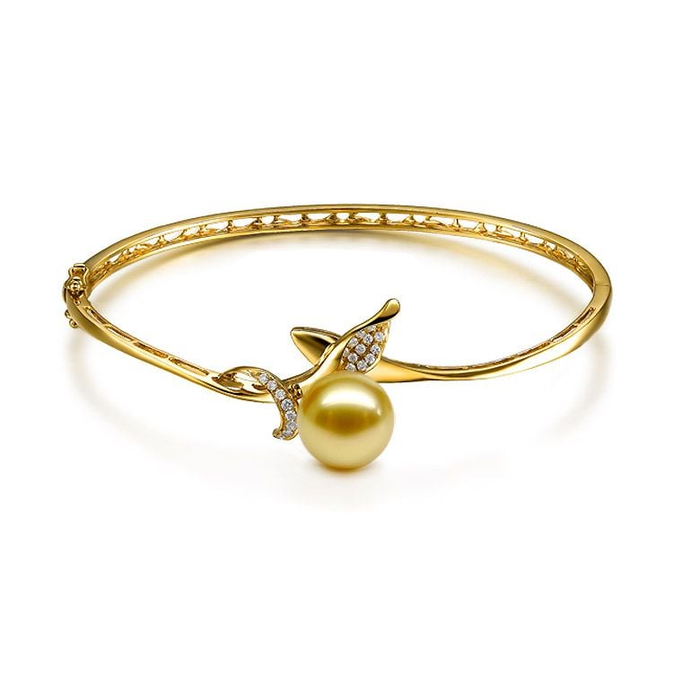 Bracelet végétal jonc or jaune - Perle d'Australie dorée - Diamants - 1