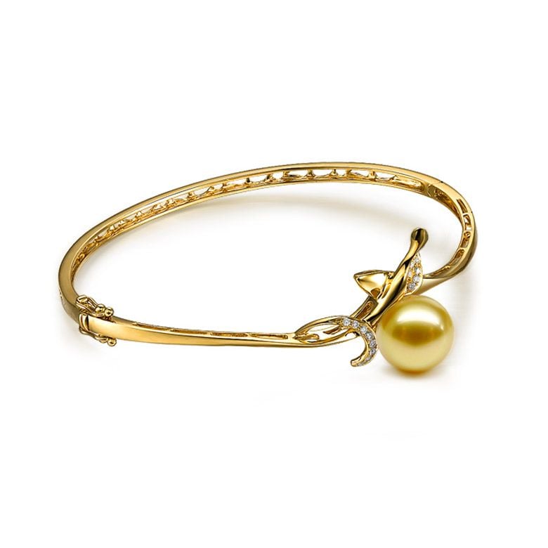 Bracelet végétal jonc or jaune - Perle d'Australie dorée - Diamants - 3