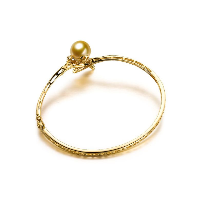 Bracelet végétal jonc or jaune - Perle d'Australie dorée - Diamants - 4
