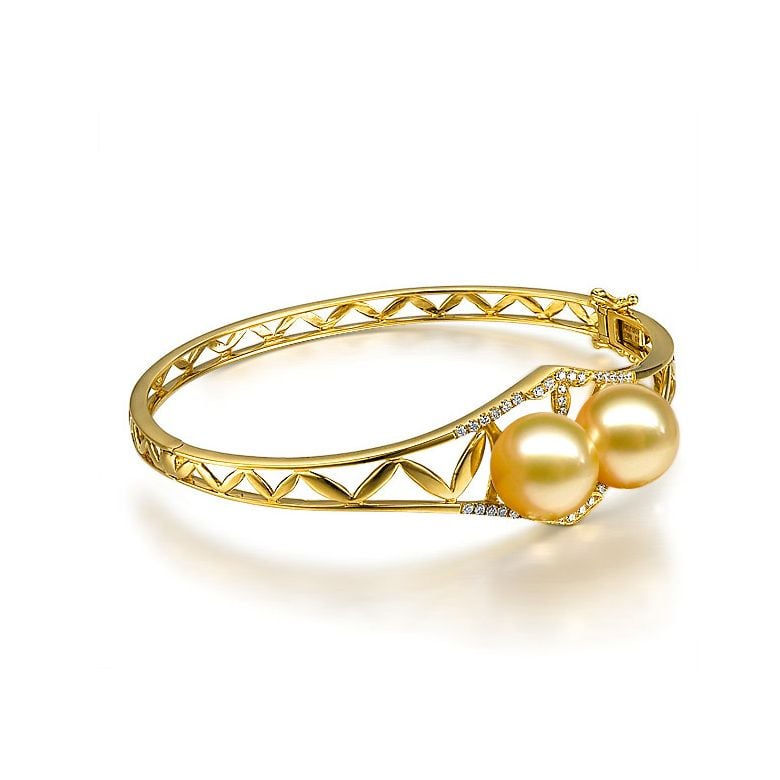 Bracelet joaillerie jonc - 2 Perles d'Australie dorées - Or, diamants - 2