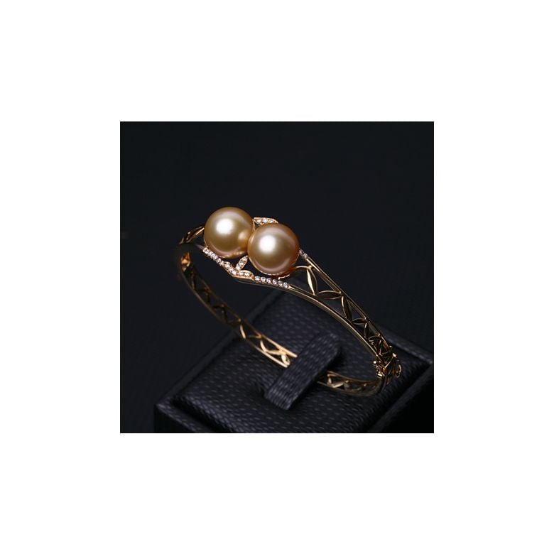 Bracelet joaillerie jonc - 2 Perles d'Australie dorées - Or, diamants - 5