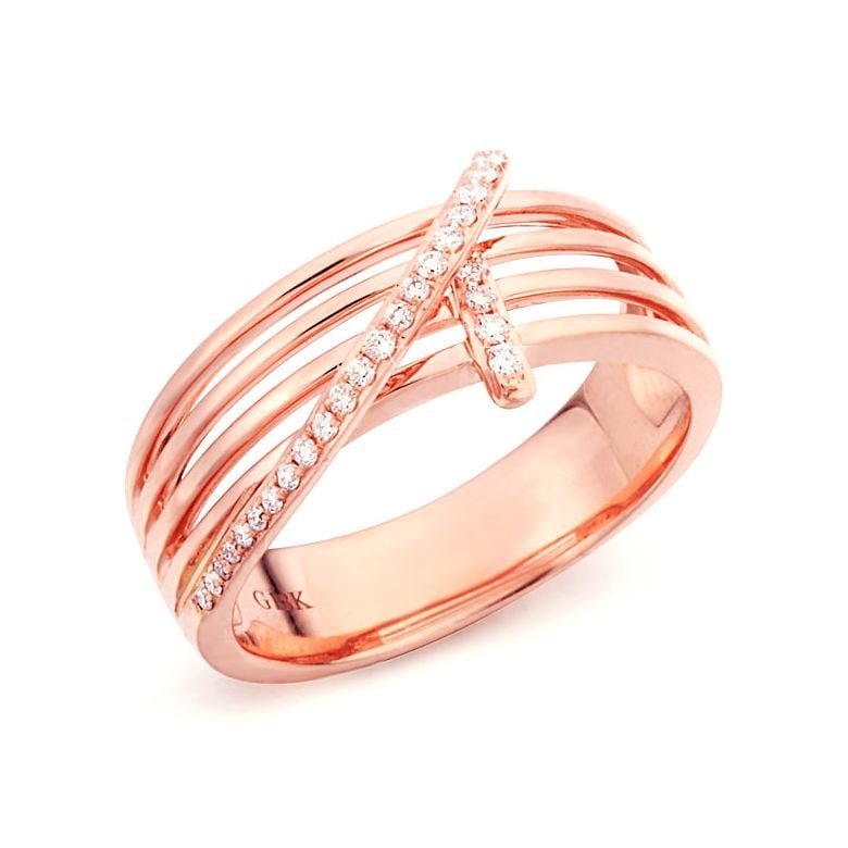 Bague 4 anneaux liés - Or rose - Diamants sertis grains - 1