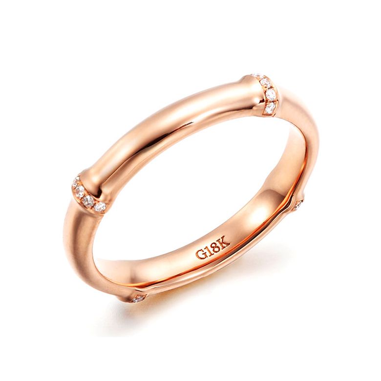 Bague bambou or rose 18cts - Anneau luxe et pierres diamants - 1